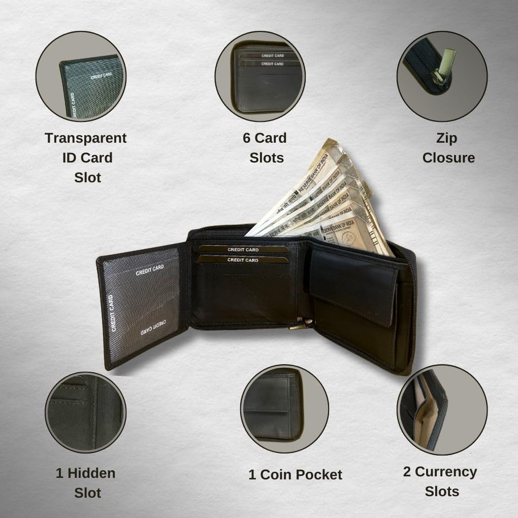 Madosh Genuine Leather Men's Wallet Black Bifold Purse | RFID Protected | Cards Holder Coin Pocket | Zip Closure for Safety
